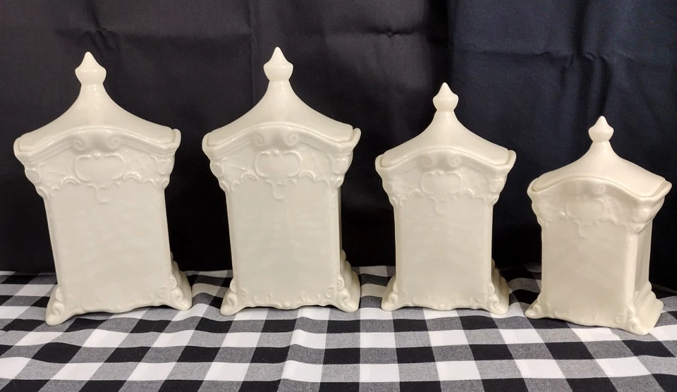 De colección. Porcelana Coastline French Country 4 piezas. Caja de sal blanca apagada tapas de latas Foto 3 de 4