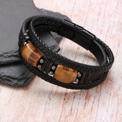 Tiger's Eye Braided Leather Stainless Steel Wrap Fashion Healing Bracelet Bangle