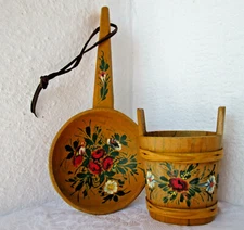 2 pcs: vintage Wooden hand painted carved big spoon + small bucket