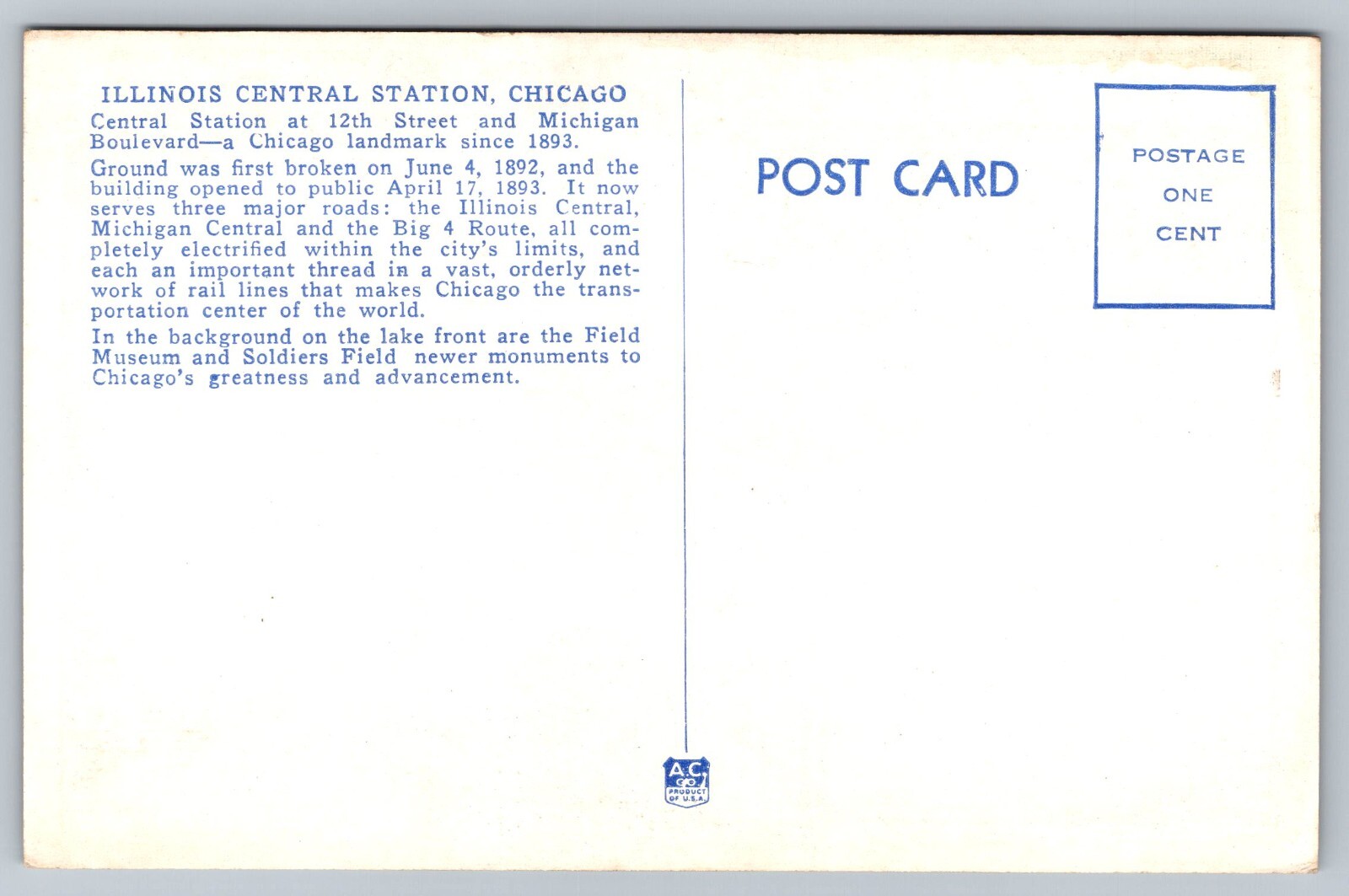 Postcard Train RR Depot Illinois Chicago Central Station 22Z eBay
