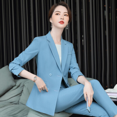 Tailleur elegante completo donna azzurro giacca a manica lunga e pantalone  4832 | eBay