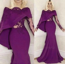 Purple Mermaid Prom Dresses Illusion Long Sleeves Cape Sweep Train Satin Dress