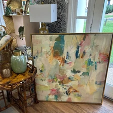 Horchow Abstract Modern Canvas Fabric Framed Abstract Art Multi-Color Pink