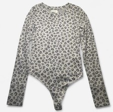 NWT Abercrombie Fitch Grey Long Sleeve Leopard Print Bodysuit Soft Cozy Zs S