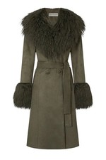 CHARLOTTE SIMONE MONGOLIAN FUR FAUX SUEDE PENNY COAT IN KHAKI GREEN SIZE S
