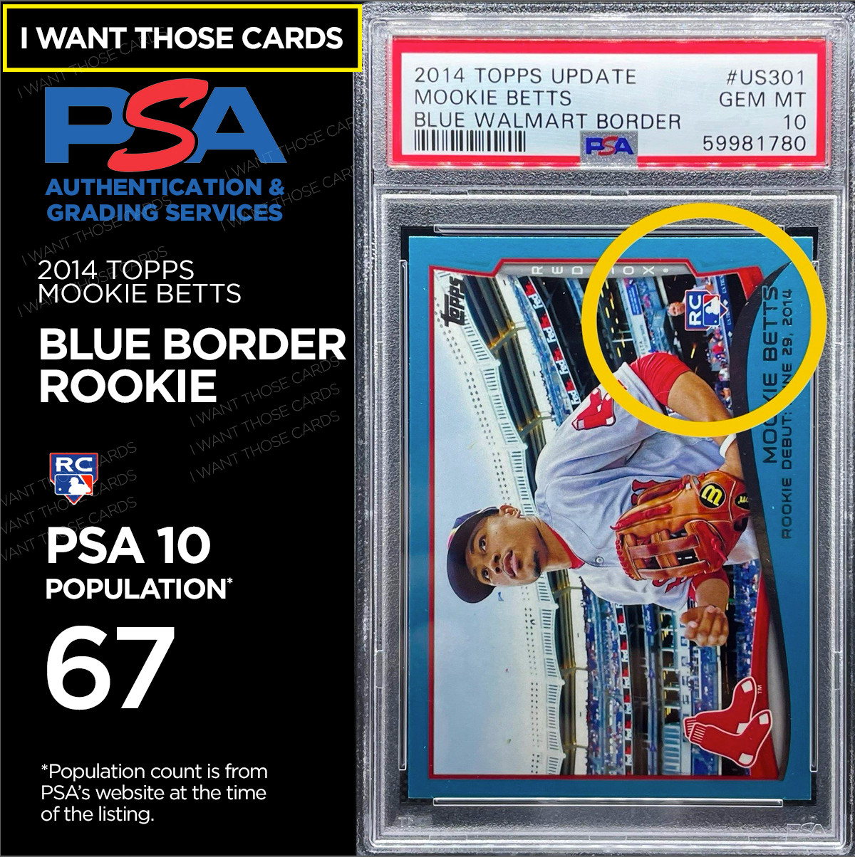 Mookie Betts ROOKIE CARD RARE BLUE BORDER Pop. 67 💎 2014 Topps RC PSA 10