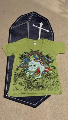 Vintage Ed Hardy by Christian Audigier Hannya Mask Shirt Lime Green Y2K L VNeck - Image 1 of 4