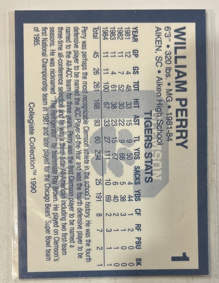 1990 Collegiate Collection Clemson Tigers - William Perry #1 - Image 2 of 2