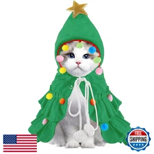 Vellibring Green Pet Christmas Elf Cloak Hat Small Dog Cat Costume Pompoms