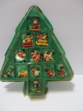 11 VINTAGE NOS WOODEN ORNAMENTS ANGELS SANTAS IN CHRISTMAS TREE SHAPED PACKAGE