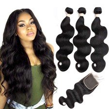 Beauhair Body Wave human hair Bundles with Closure 10 12 14 10Closure, Black
