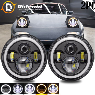 Pair 7''Inch LED Headlights Angel Eyes Hi-Lo For 1990-97 Mazda NA Miata MX5 MX-5