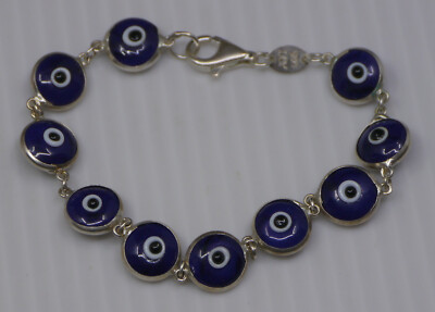 L - VINTAGE ATI STERLING SILVER BRACLET WITH EYE DESIGN GLASS BEADS, 7 INCHES