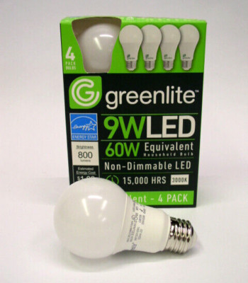 Greenlite LED 4 Pack 9W 60W Equivalent Light Bulbs - 800 Lumens - 15,000 Hours