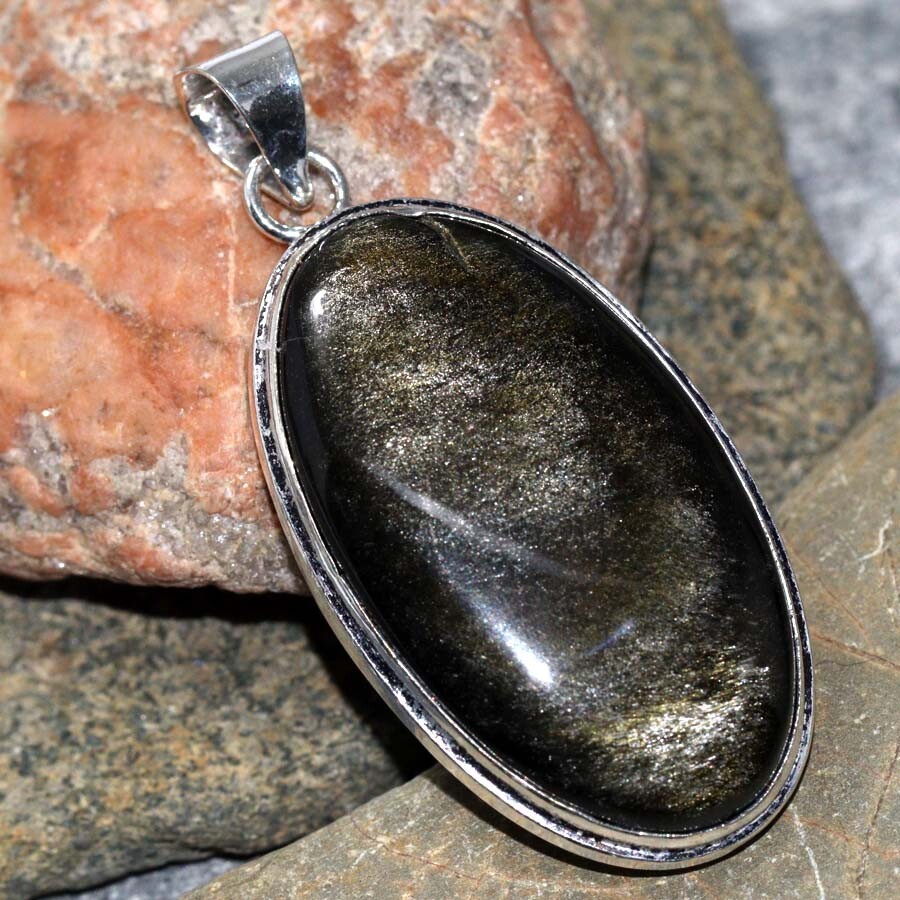 925 Silver-Plated Obsidian Ethnic Pendant Jewelry 2.1 Inch JW