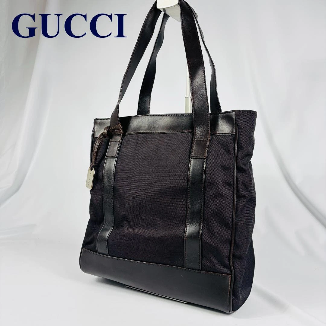 Sac fourre tout à main GUCCI toile nylon x cuir marron foncé