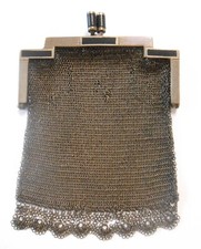 Art Deco German Hallmarked 800 Silver Mesh Black Enamel Chatelaine Coin Purse