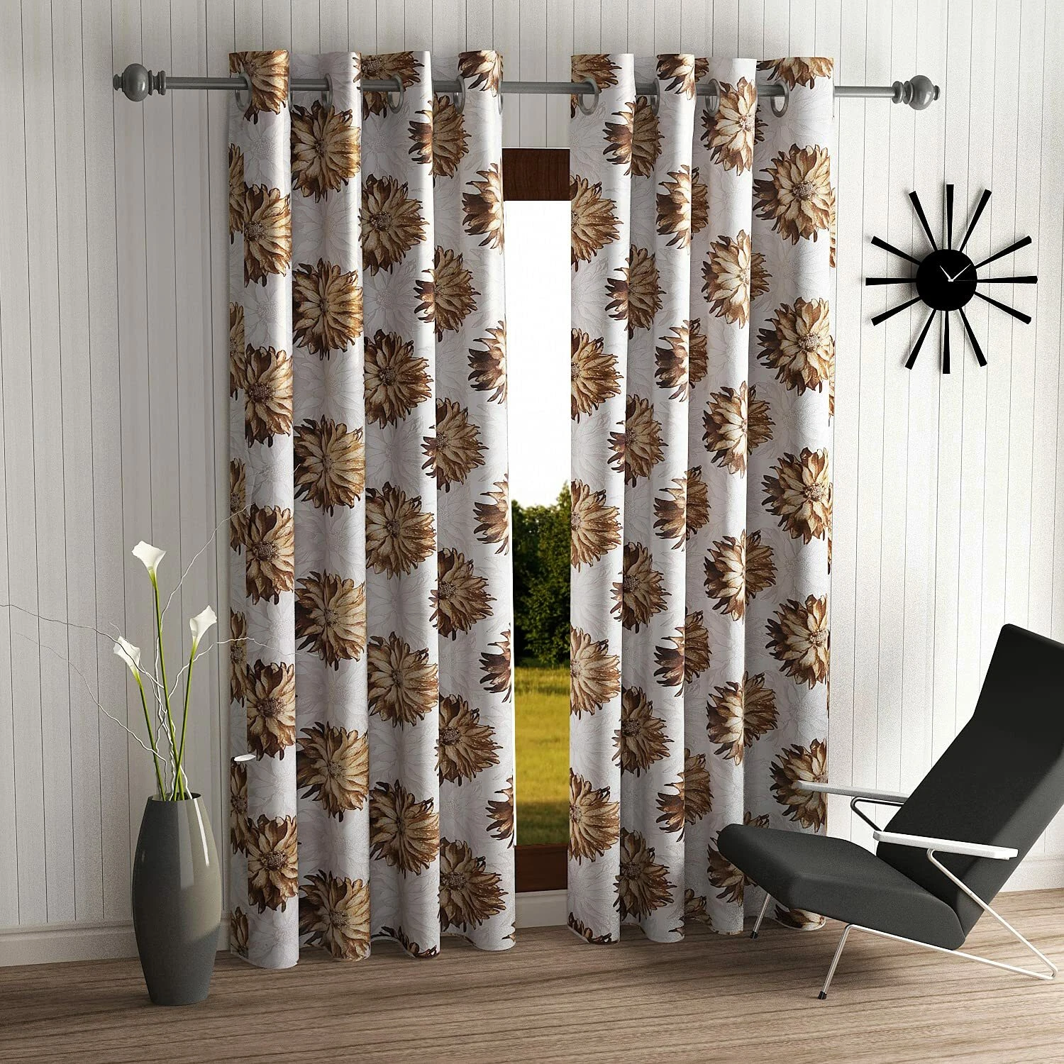 New 2 Piece Eyelet Polyester Door Curtain Set - 7 feet Brown