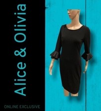 Vtg Alice & Olivia Black Lamb Leather Cuff Bell Sleeve Raw Edge Hem Dress Size M