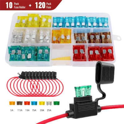 120Pcs Standard Blade Fuse Set With 10Pack 14AWG ATC/ATO Inline Fuse Holder