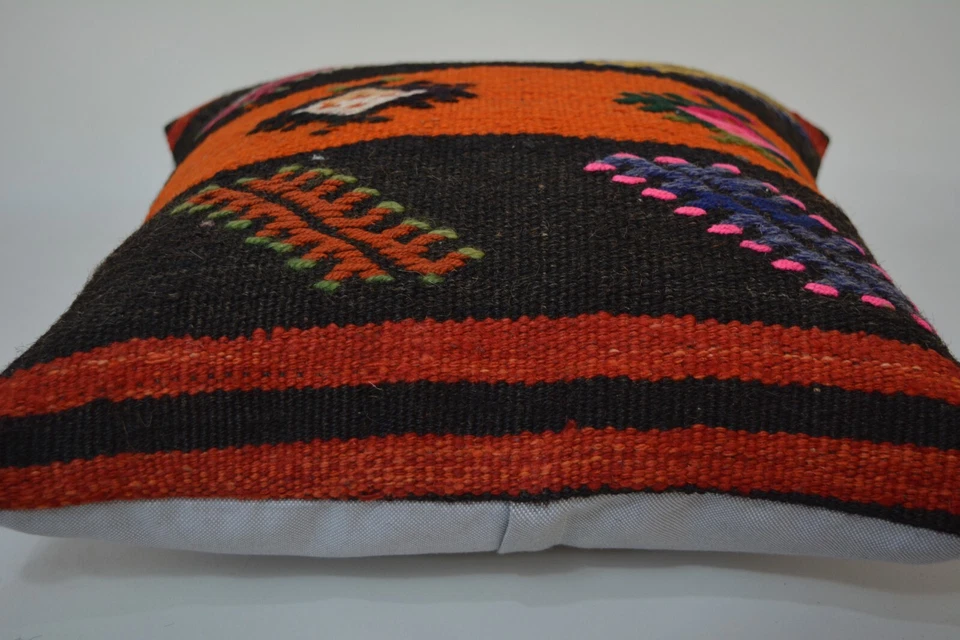 Traditional Hand Knotted Kilim Pillow, 16x16in, Antique Multicolor Retro Pillow - Image 4 of 4