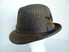 Vintage Stetson 100 Pure Wool Brown Tweed Trilby Hat with Feather