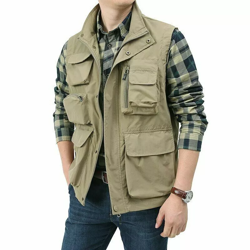 Mens Multi Pocket Cargo Vest Jacket Casual Outdoor Photographer Waistcoat  Travel