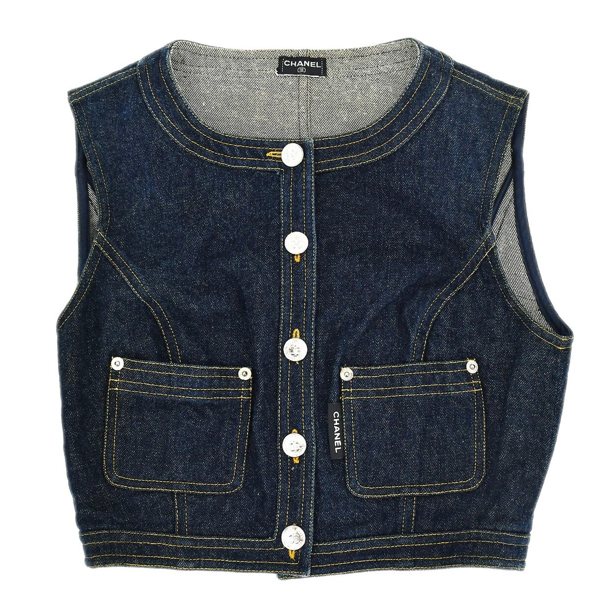 Chanel Sleeveless Vest Denim Jacket Indigo 161367 | eBay Chanel Sleeveless Vest Denim Jacket Indigo 161367 | eBay