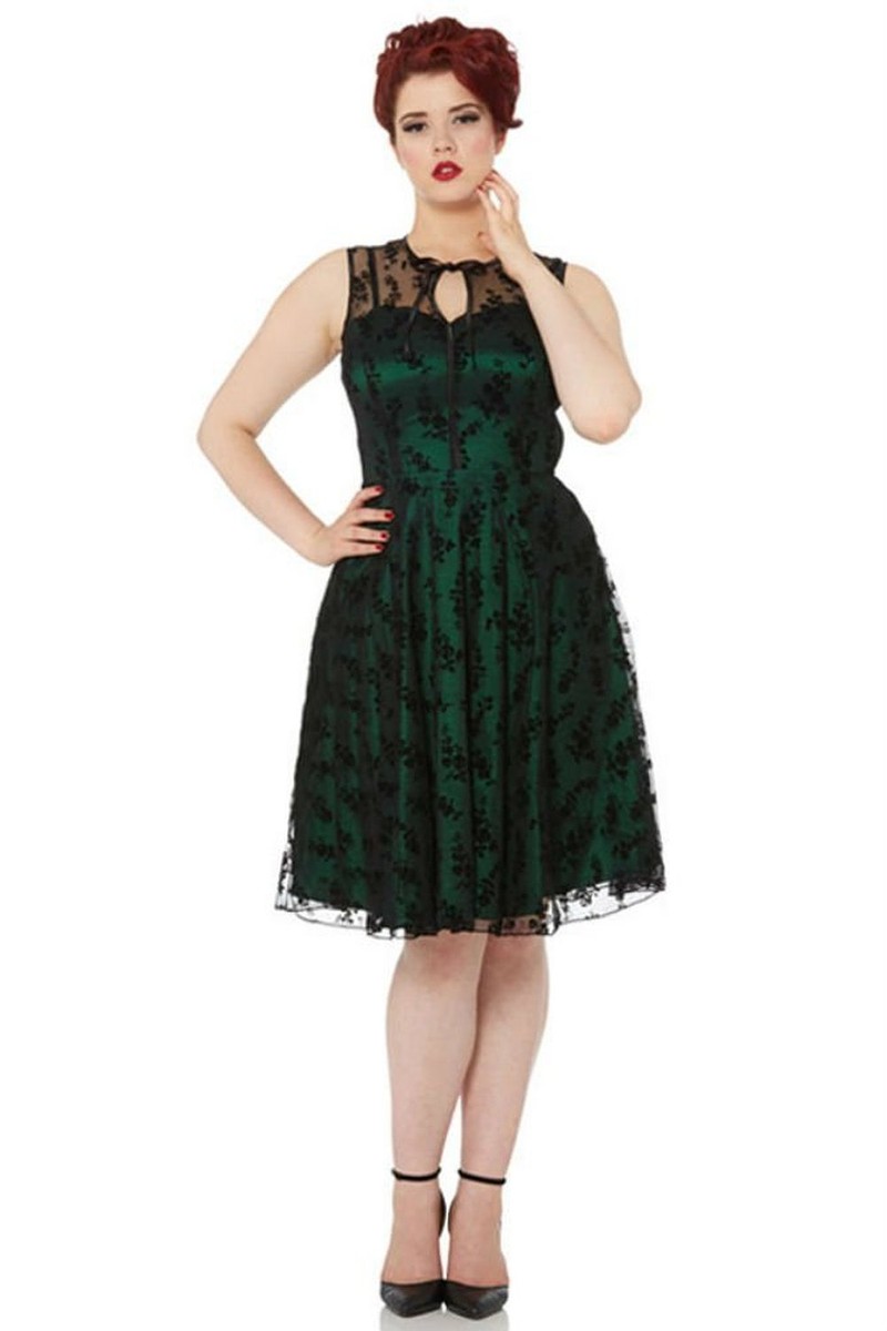 voodoo vixen green velvet dress Voodoo Vixen 50's Retro Vintage Velvet Flock Swing Dress "Peacock Dress" in Green Vintage Vogue