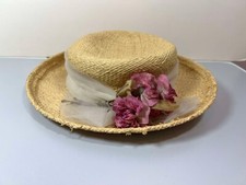 Vintage Straw Hat Flower Blossom Floral 90s Tulle Wide Brim 1990s Nineties Pink