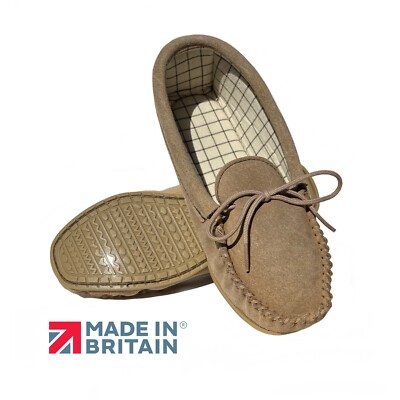 Ladies Moccasin Slippers Beige Hard Sole Real Suede Check