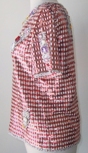 ASHISH Red White Sequin Crystal Embellished Gingham Check Top S or M - Picture 3 of 5