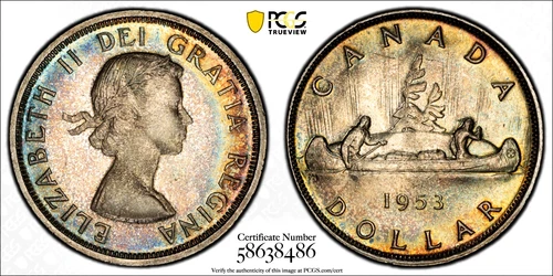 1953 Canada $1 Silver Dollar Shoulder Fold SWL PCGS MS 65
