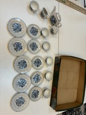 Japanese Porcelain Toy Tea Set Blue Floral Dotted Rim w/ Box 19pc Import Post WW