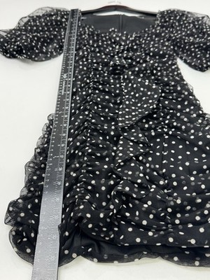 zara black mesh polka dot dress ZARA Black Polka Dot Mesh Puff Sleeve Ruched Mini Dress Size Small