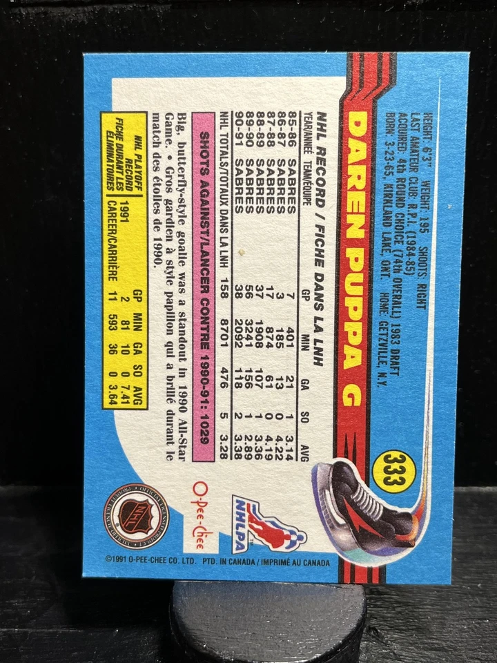 Daren Puppa #333 1991-92 O-Pee-Chee Buffalo Sabres - Image 2 of 2