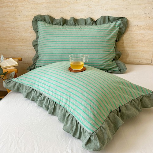 Home Washed Cotton Pillowcase 48x74cm Bedding Stripe Pillow Cover Ruffled 1 Pair - Picture 32 of 38
