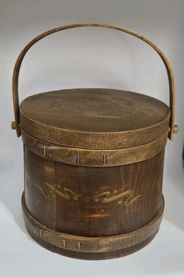 Vintage Primitive Wood FIRKIN Sugar Bucket Finger Bands Pegged Bentwood Handle