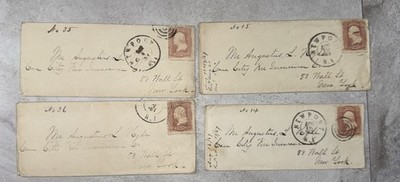 4 Antique 1867 Postal Covers Newport to NY, 3¢ Stamps, Wall Street Insurance