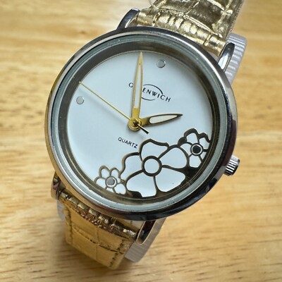 Greenwich Quartz Watch Unisex Silver Gold Tone Faux Leather Band New Battery