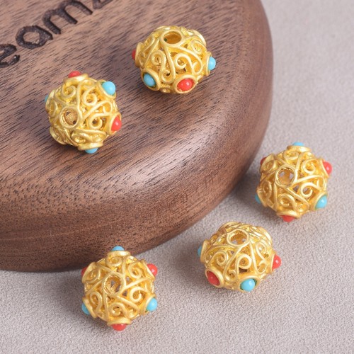 5pcs Round 13x11mm Matte Golden Tibetan Silver Metal Red Blue Dots Loose Beads - Picture 4 of 7