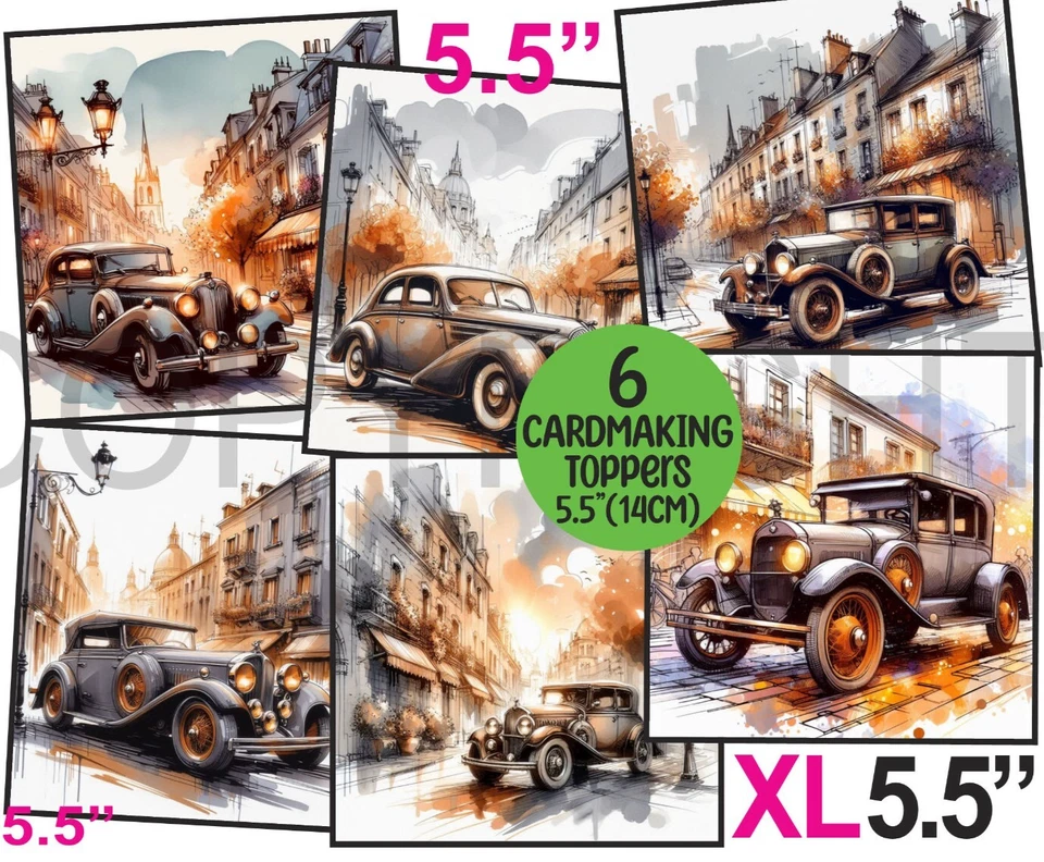 WEDDING WISHES UK 6 XL Card Toppers 5.5" Classic/Vintage Cars Fathers Day Birthday CRAFTS/TAG Male