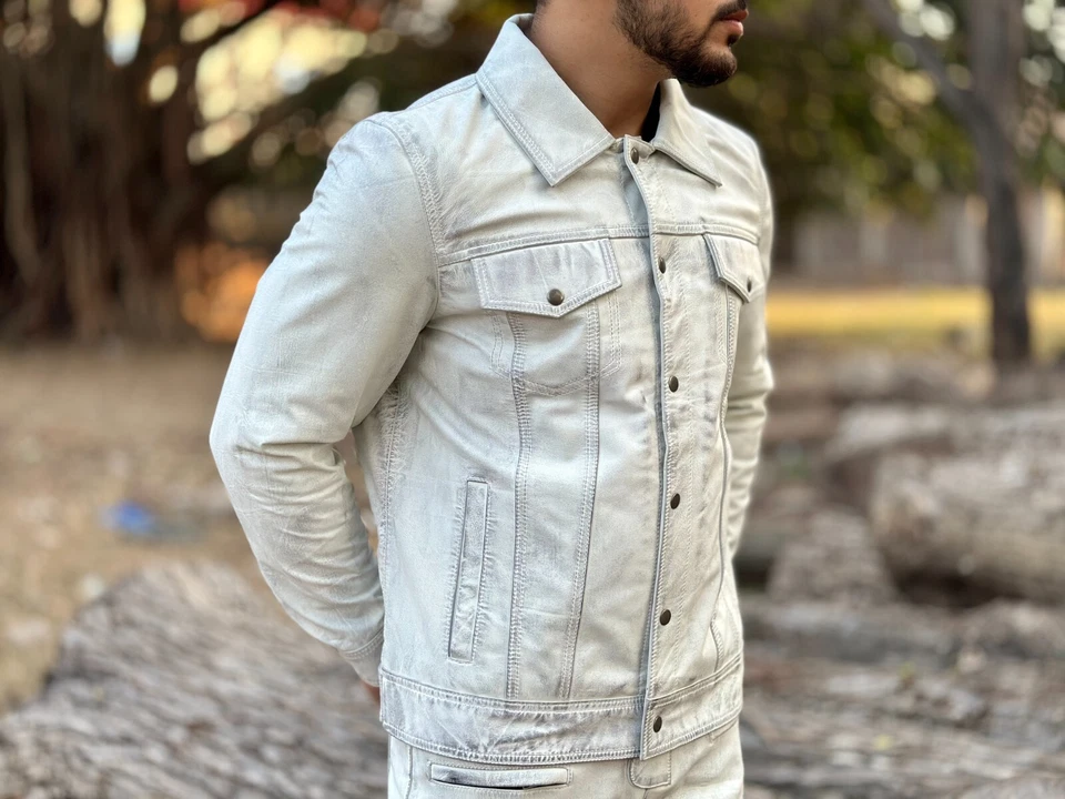 Mens White Distressed Leather Trucker Jacket, Leather Jacket - Image 2 of 4