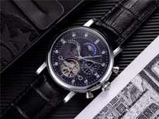 Men's Stainless Steel Tourbillon Moon Phase Calendar Date Mechanical Watch