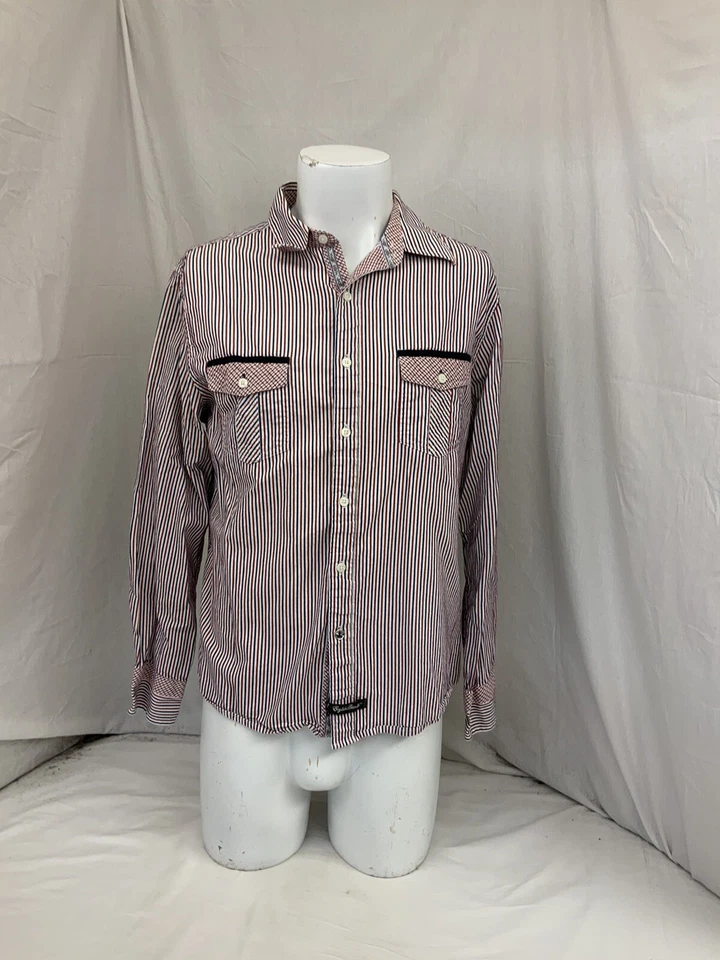 Camisa de lavandería inglesa L roja blanca azul a rayas 100 % algodón YGI Y1-13 Foto 2 de 4