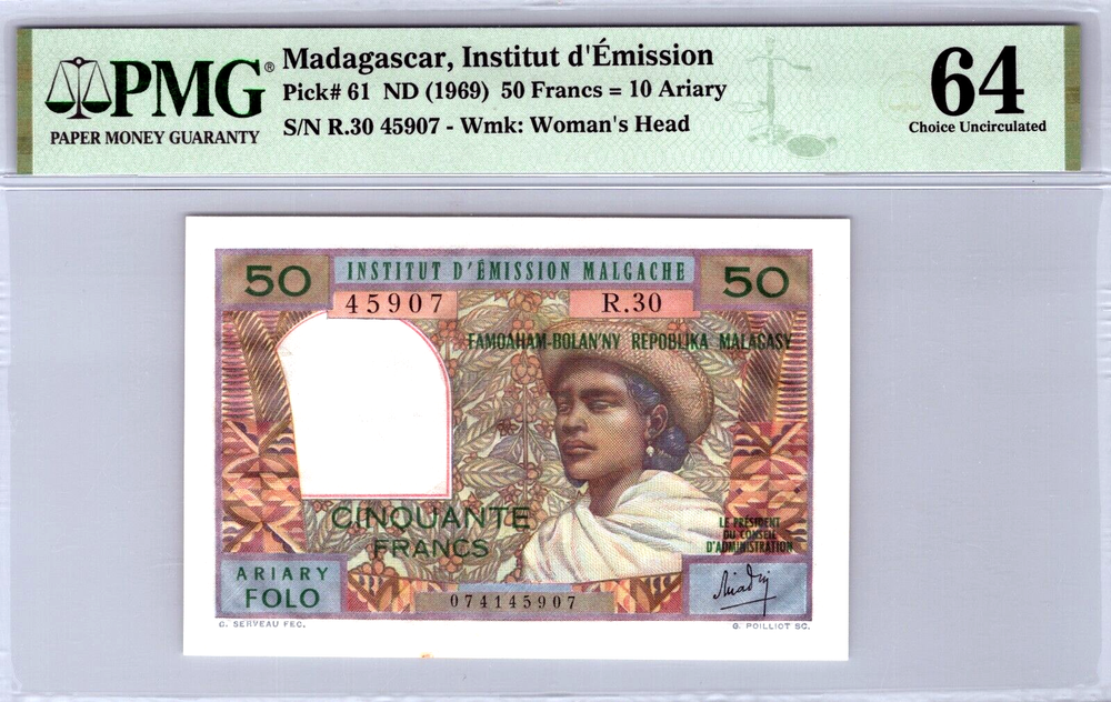 Madagascar 50 Francs 1969 Banknote. Pick# 61. PMG Graded 64 Choice UNC