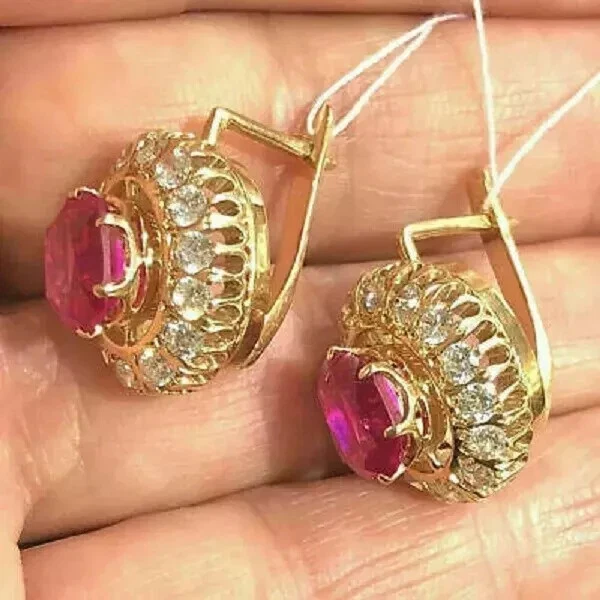 2Ct Oval Cut Lab Created Pink Ruby Drop Wedding Earrings 14K Yellow Gold Plated - Image 4 of 4