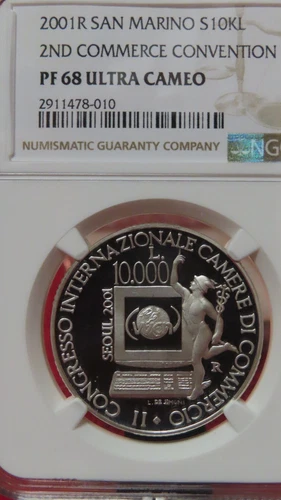 2001 San Marino 2ND COMMERCE CONVENTION Silver 10000 Lire NGC PF68 Ultra Cameo