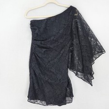 Adrianna Papell Dress Womens 6 Black Hailey Logan One Shoulder Lace Formal Mini