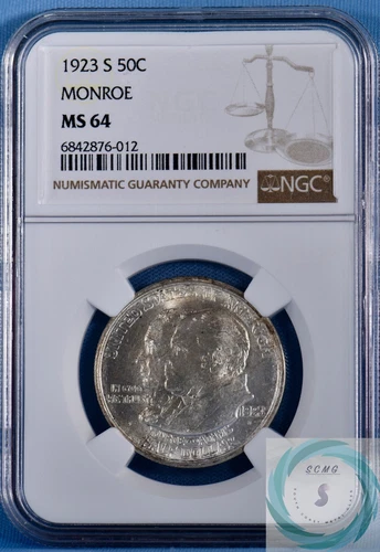 1923-S Monroe Commemorative 50c NGC MS 64 - Nice White Vintage Coin